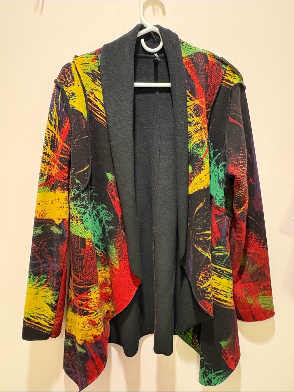 Lagenlook Art To Wear ,Abstract Jacket, Colorful Open Front Drape Coat